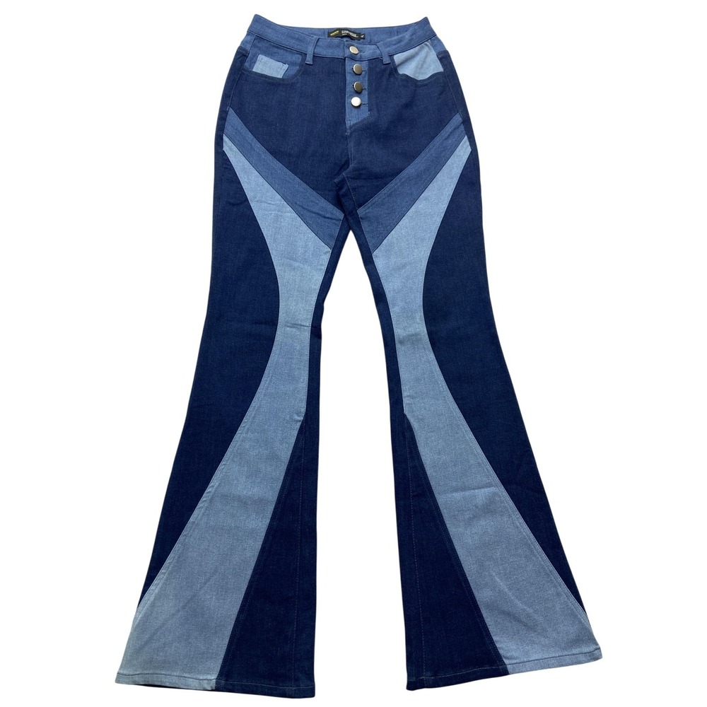 Finesse Jeans Womens 26x29.5 Blue Patchwork Geometric High Rise Flare XS Denim